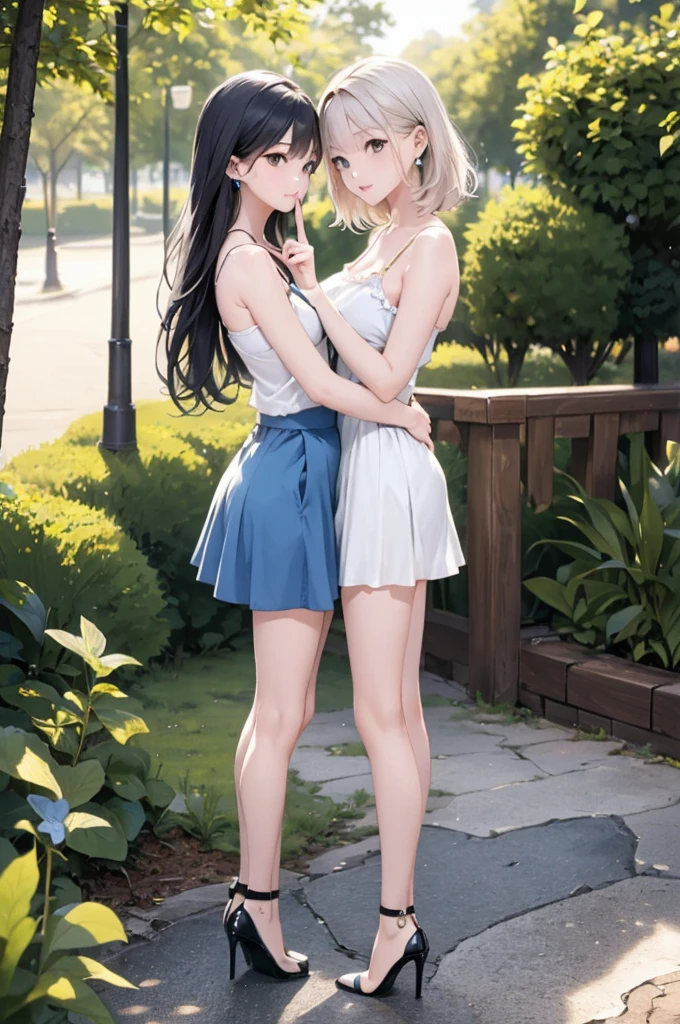 (masterpiece, best quality:1.4), (8K), Young blonde beauty, (((2 short girls in love, 18 years old, neat girl))), detailed blue eyes, long eyelashes, blush, kind smile, horny, upper body, topless, small ass, slender thin legs, vagina, ((looking at viewer)), beautiful blonde hair, white-skinned, (bangs:1.3), ponytail, groping, ((open legs)), (medium size breasts), (mushroom forest, celestial forest, beautiful and magnificent pink sunshine, majestic sky), natural light, pastel colors)