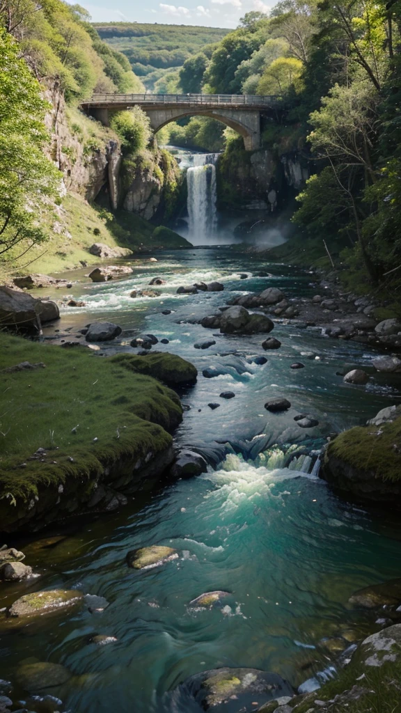 ultra high photo, green and beautiful rural views, waterfalls visible, and clear, rocky rivers flowing fast
