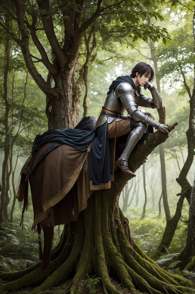A knight sitting on a sad tree trunk in the forest