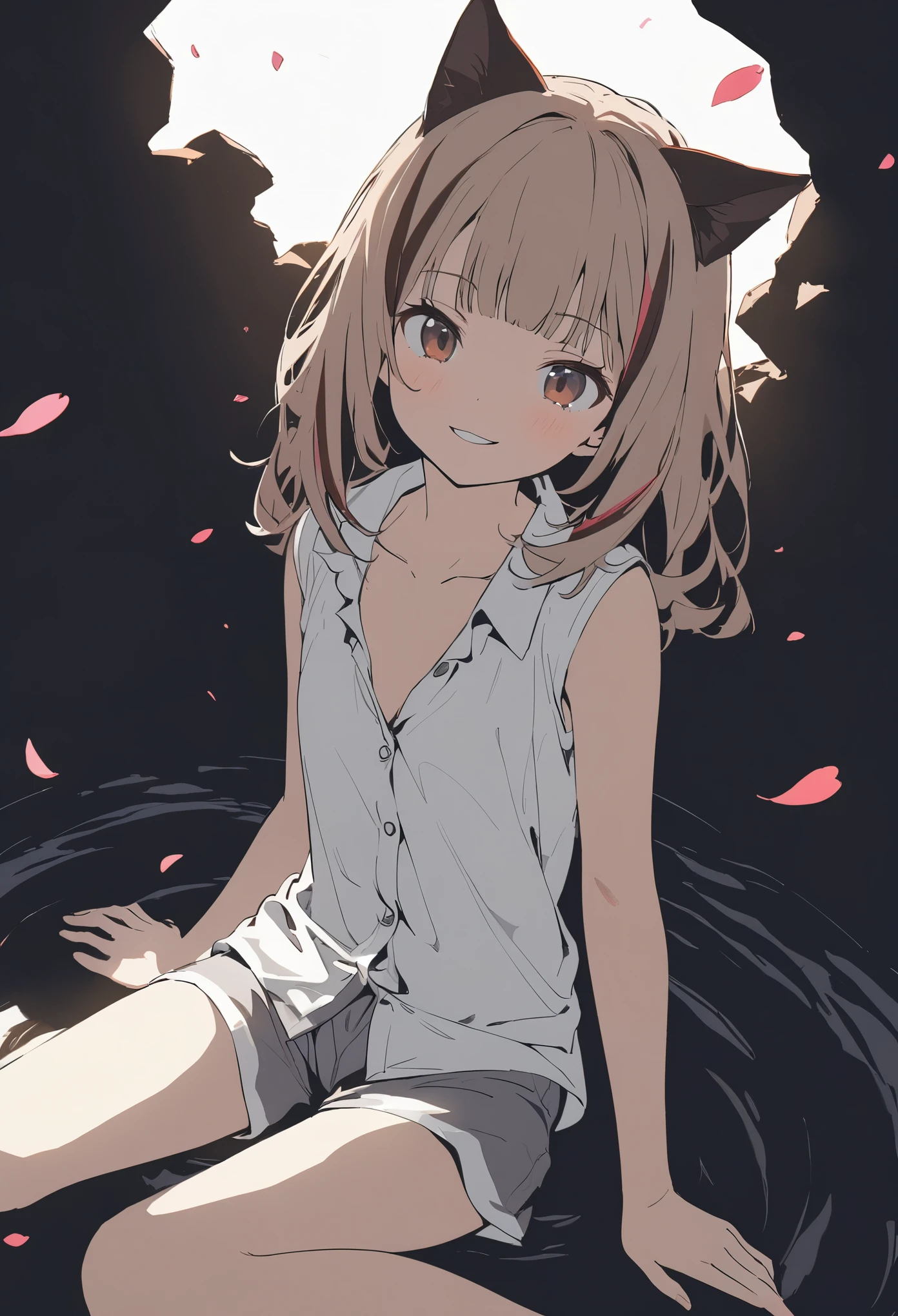 ((Masterpiece)), ((best quality)), ((kawaii)), (flat color), (flat shading), (super detail:1.2),(High Definition:1.3), (Professional Photography:1.2), (wide shot), (sharp focus), (perfect light), (drop shadow), ((12 years old)), (1girl), ((streaked hair)), highlights hair, messy medium hair, Beautiful collarbone, (loose white buttoned shirts), cleavage, cute boxer shorts, (Healthy slim body), (loose blunt bangs), Slender body, glossy skin, (sad smile), (:3), ((Beautiful brown eyes)), Textured skin, (Cat ears), Pale brown hair, Cute Beautiful Girl, (slightly exposed small chest), BREAK, ((best quality)), (raise fist), ((loose sitting in The bottom of the abyss)), petals, (sharp focus), (perfect light),
