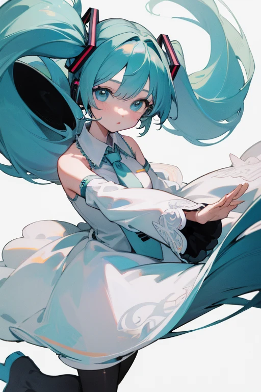 4K、masterpiece、Highest quality、Simple Background、White background、Monochromatic white、Hatsune Miku、mysterious、White Dress、White dress、One-piece with lace、diamond