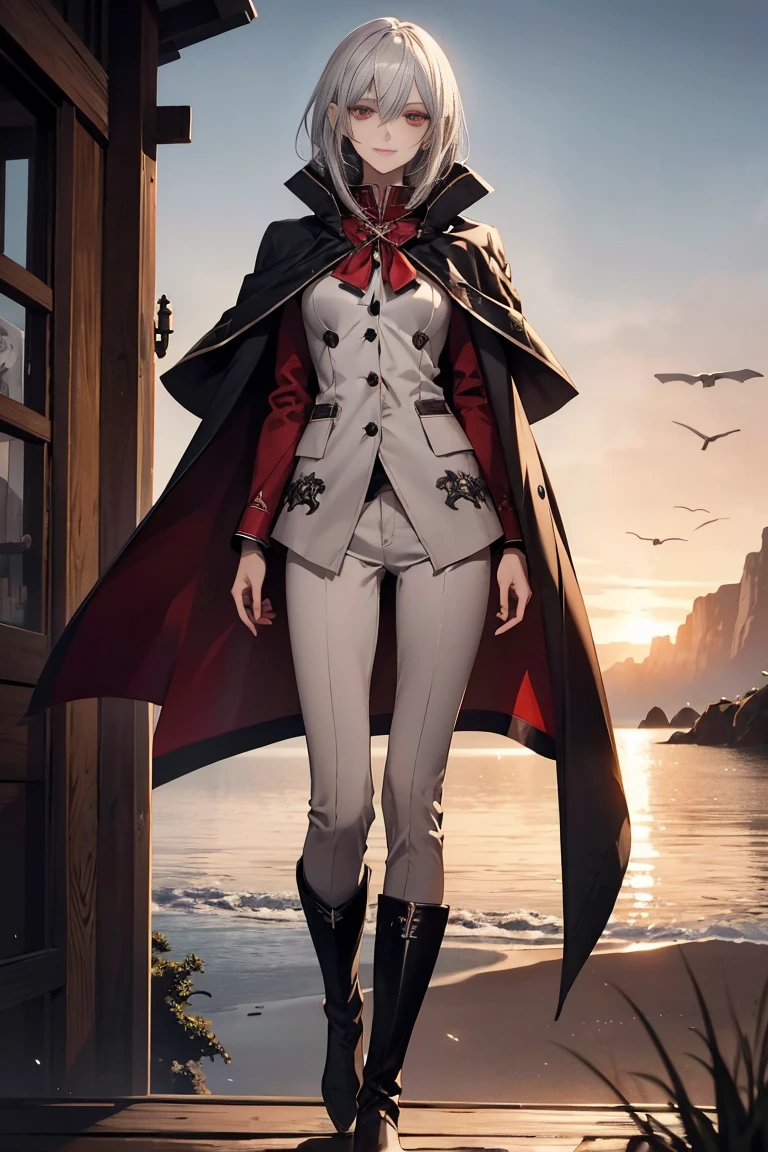 (Confused, High resolution, Very detailed), 1 female, Silver Hair,Shortcuts,Crimson Eyes,uniform,24th generation,beauty,mature,thin,quiet,Calm,A small smile,A kind smile,In front of people you like,Cape coat,Slender and thin,boots,skinny pants,Sea at dawn,Small breasts,