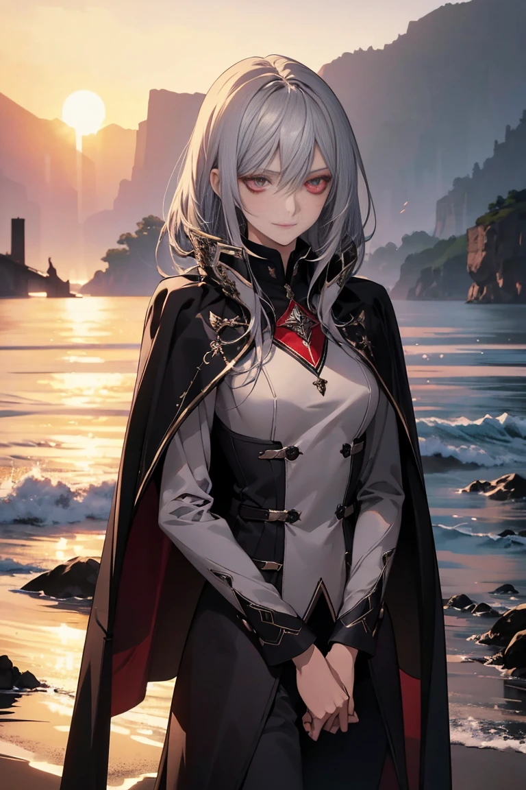 (Confused, High resolution, Very detailed), 1 female, Silver Hair,Shortcuts,Crimson Eyes,uniform,24th generation,beauty,mature,thin,quiet,Calm,A small smile,A kind smile,In front of people you like,Cape coat,Slender and thin,boots,skinny pants,Sea at dawn,Small breasts,
