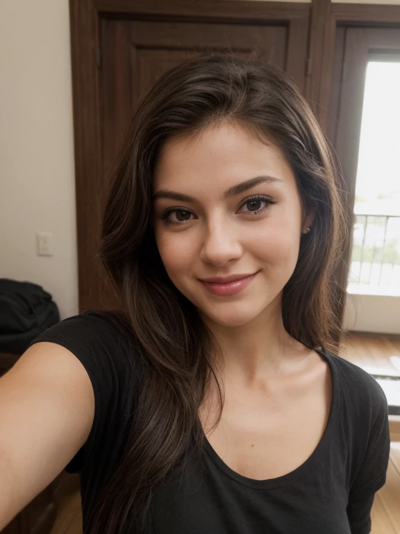 ((Masterpiece, best quality,edgQuality,photorealistic,hyper realistic)),(smiling:0.7),posing for a picture,
edgstrldress, a woman in a black t shirt ,wearing ,t shirt , she is taking a selfie , selfie picture 
 