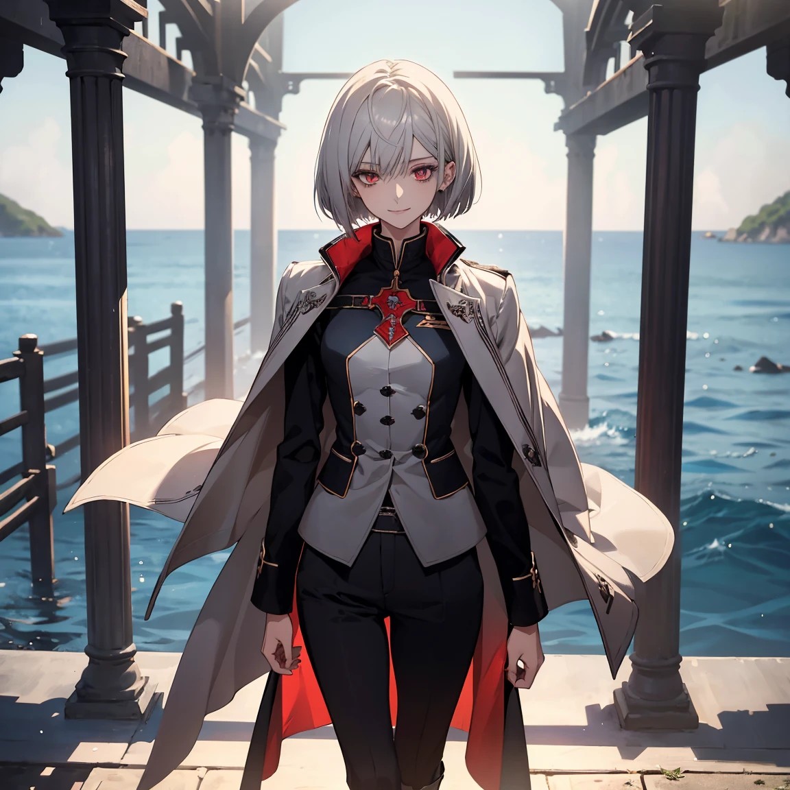 (Confused, High resolution, Very detailed), 1 female, Silver Hair,Bobcut,Crimson Eyes,uniform,24th generation,beauty,mature,thin,quiet,Calm,A small smile,A kind smile,In front of people you like,Cape coat,Slender and thin,boots,skinny pants,Sea at dawn,Small breasts,