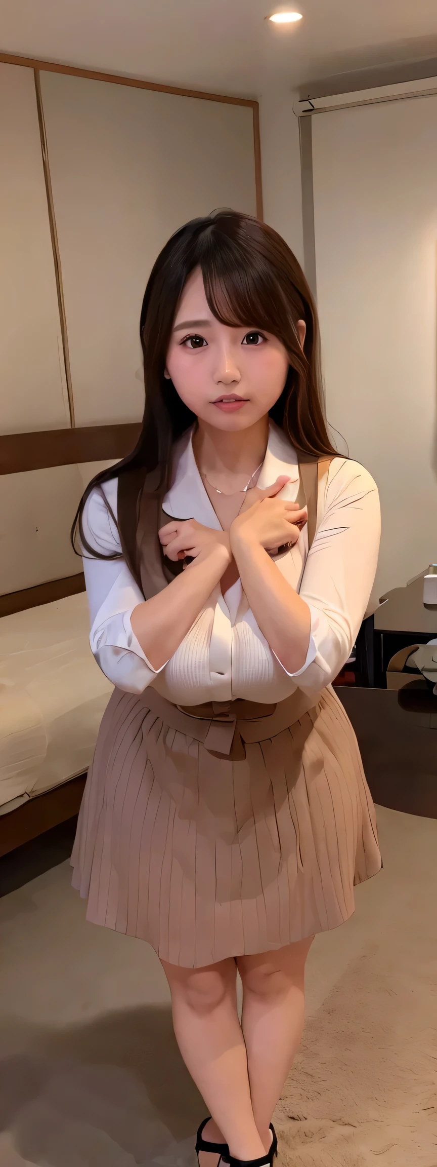 Japanese maid, Mature Woman, ((A little chubby, Round face, About 40)), Wavy black hair with no bangs, Long Hair, Twin ponytail, Flashy makeup, Fuller lips, Sexy Gaze, uniform, ((dressing)), Looking into the camera, Low angle shooting, Cute duck mouth,((Extremely precise and accurate anatomy)), (masterpiece:1.43), Perfect Proportions, Realistic photos, Full Shot, whole body, (height: 146cm), High heels Has two legs,Has two arms、Has two legs, You need two arms))