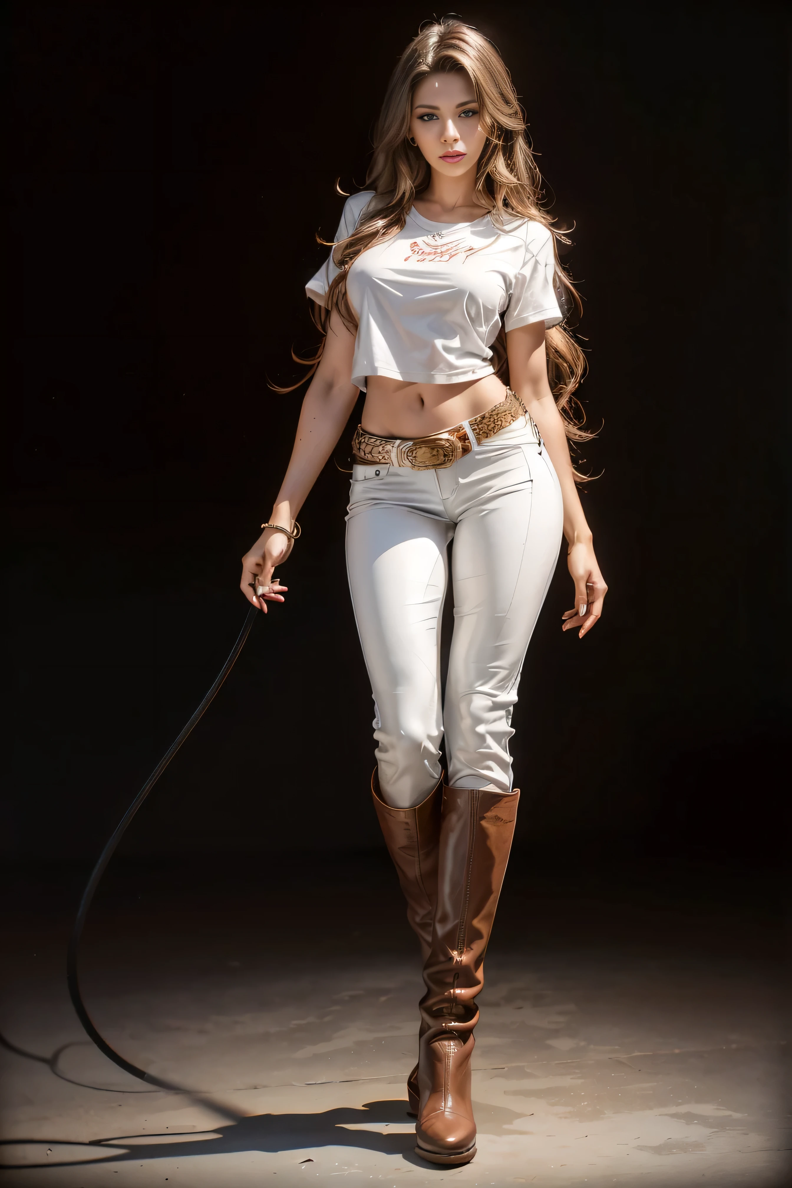 full body women 25 years old brown eyes very very long brown windblown wavy hair in a white leather t-shirt brown leather pants black leather western boots light shadow effects intricate highly detailed digital bright colors sharp shadows