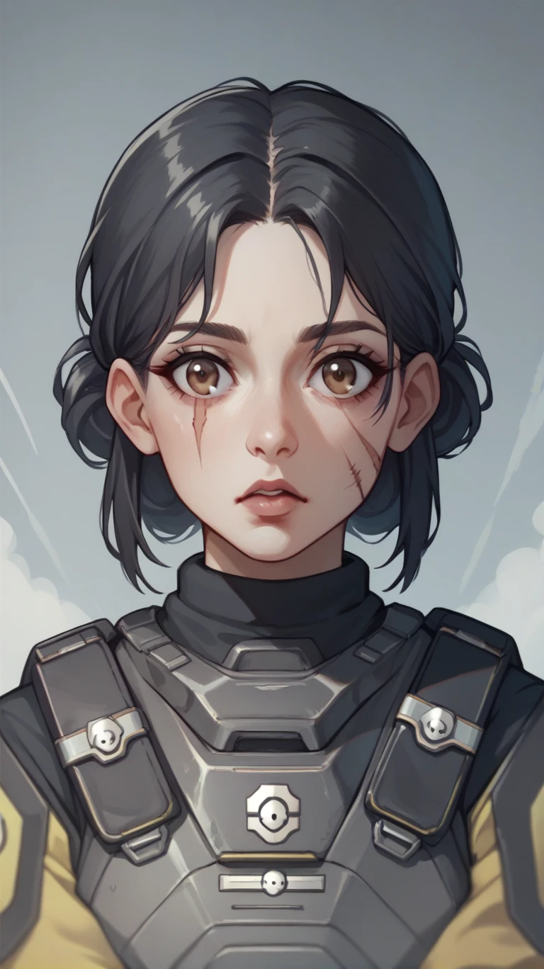 female medic helldiver brown eyes, black hair, with scar over mouth