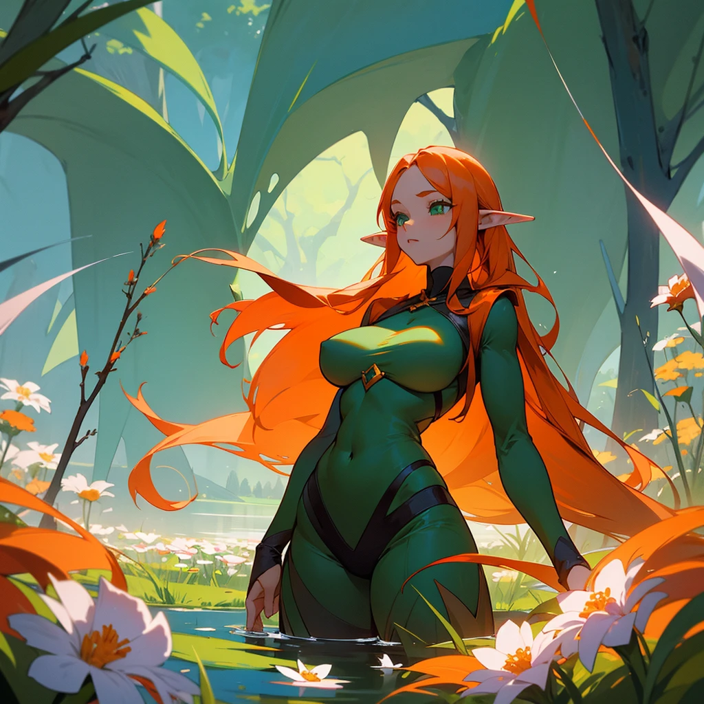 An elf with long orange hair,green eyes and a physique with big breasts.Inside a naked lake with waist-deep water,full of flowers while she holds one in her hand, smelling it innocently, smiling in profile