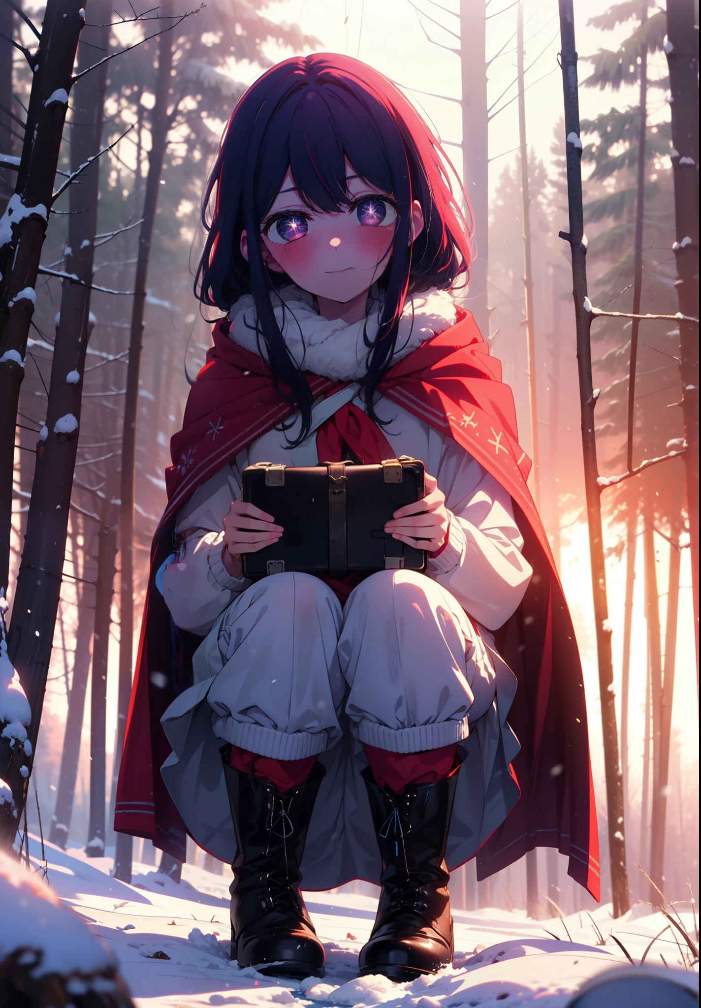 aihoshino, Ai Hoshino, Long Hair, bangs, (Purple eyes:1.1), Purple Hair, (Symbol-shaped pupil:1.5), smile,,smile,blush,white breath,
Open your mouth,snow,Ground bonfire, Outdoor, boots, snowing, From the side, wood, suitcase, Cape, Blurred, , forest, White handbag, nature,  Squat, Mouth closed, Cape, winter, Written boundary depth, Black shoes, red Cape break looking at viewer, Upper Body, whole body, break Outdoor, forest, nature, break (masterpiece:1.2), Highest quality, High resolution, unity 8k wallpaper, (shape:0.8), (Beautiful and beautiful eyes:1.6), Highly detailed face, Perfect lighting, Extremely detailed CG, (Perfect hands, Perfect Anatomy),