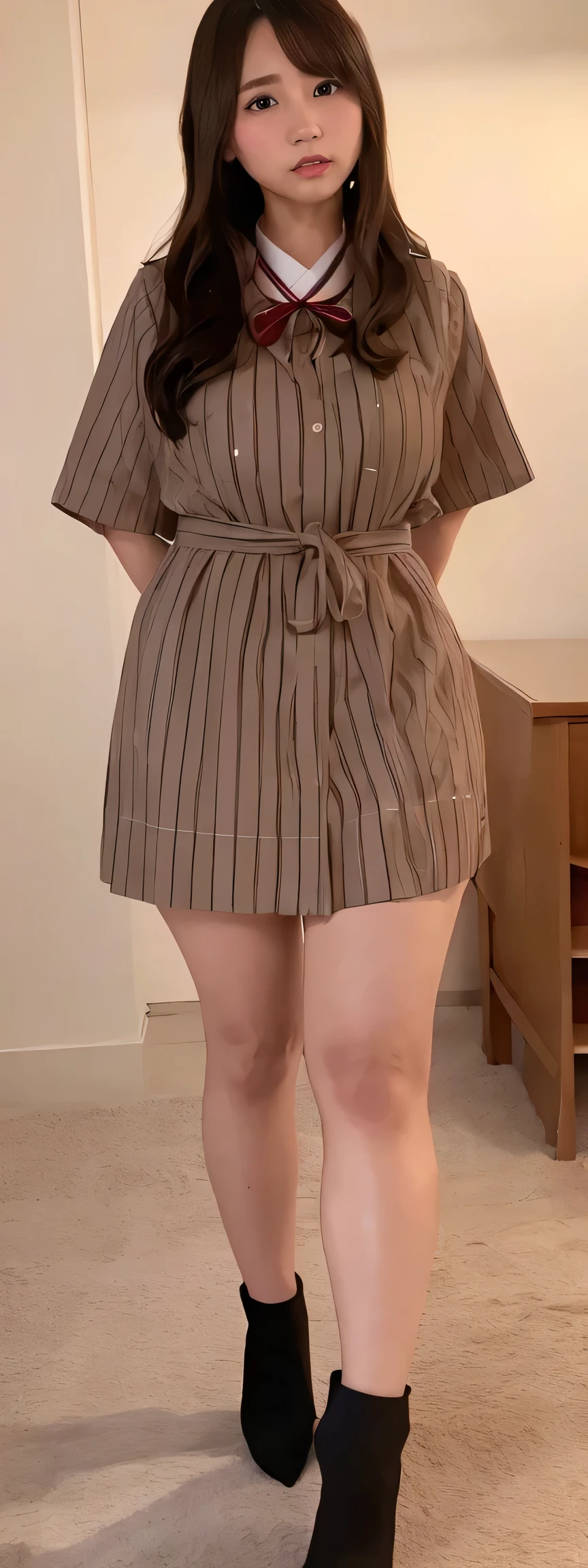 Japanese maid, Mature Woman, ((A little chubby, Round face, About 40)), Wavy black hair with no bangs, Long Hair, Twin ponytail, Flashy makeup, Fuller lips, Sexy Gaze, uniform, ((dressing)), Looking into the camera, Low angle shooting, Cute duck mouth,((Extremely precise and accurate anatomy)), (masterpiece:1.43), Perfect Proportions, Realistic photos, Full Shot, whole body, (height: 146cm), High heels Has two legs,Has two arms、Has two legs, You need two arms))