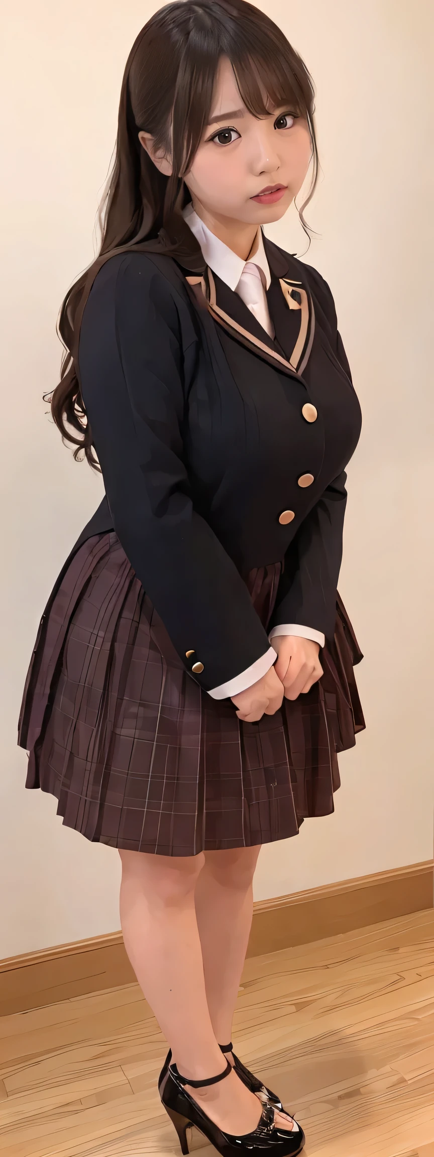 Japanese maid, Mature Woman, ((A little chubby, Round face, About 40)), Wavy black hair with no bangs, Long Hair, Twin ponytail, Flashy makeup, Fuller lips, Sexy Gaze, uniform, ((dressing)), Looking into the camera, Low angle shooting, Cute duck mouth,((Extremely precise and accurate anatomy)), (masterpiece:1.43), Perfect Proportions, Realistic photos, Full Shot, whole body, (height: 146cm), High heels Has two legs,Has two arms、Has two legs, You need two arms))