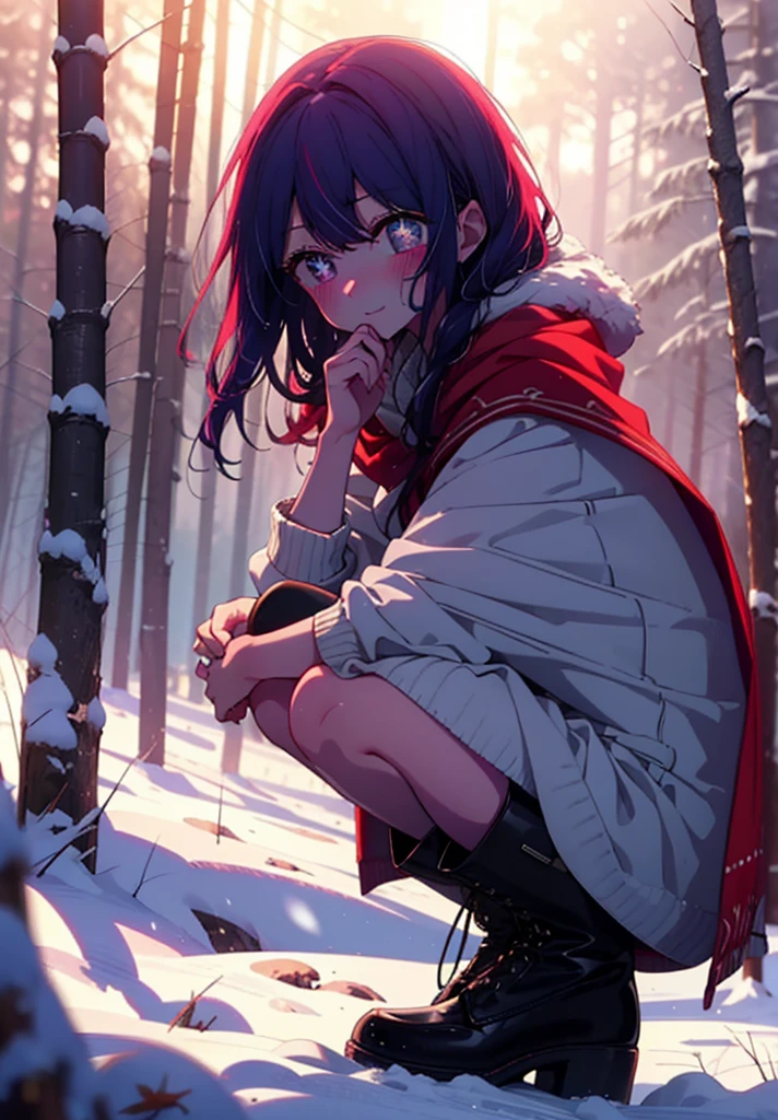 aihoshino, Ai Hoshino, Long Hair, bangs, (Purple eyes:1.1), Purple Hair, (Symbol-shaped pupil:1.5), smile,,smile,blush,white breath,
Open your mouth,snow,Ground bonfire, Outdoor, boots, snowing, From the side, wood, suitcase, Cape, Blurred, , forest, White handbag, nature, Squat, Mouth closed, Cape, winter, Written boundary depth, Black shoes, red Cape break looking at viewer, Upper Body, whole body, break Outdoor, forest, nature, break (masterpiece:1.2), Highest quality, High resolution, unity 8k wallpaper, (shape:0.8), (Beautiful and beautiful eyes:1.6), Highly detailed face, Perfect lighting, Extremely detailed CG, (Perfect hands, Perfect Anatomy),