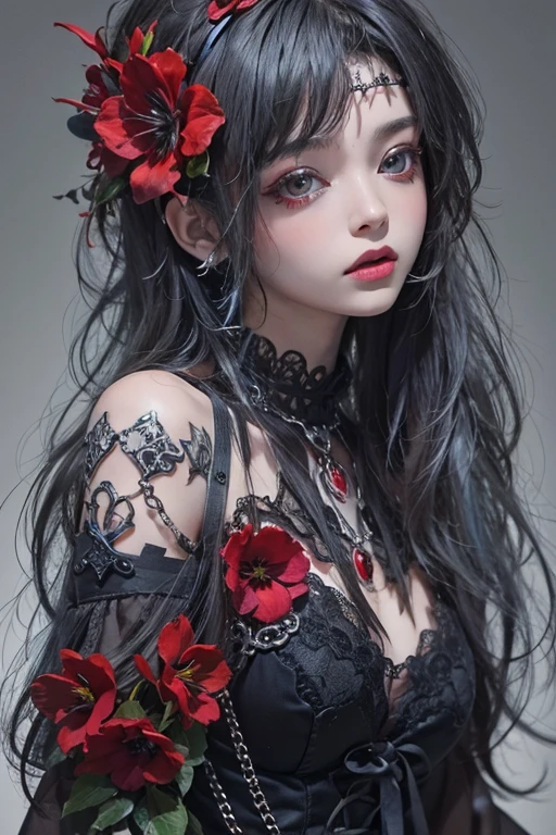 Highest quality、、masterpiece:1.3、Gothic Punk、red inside、Gray Black Hair、hair ornaments、beautiful girl、creative、Punk Shirt、Neogoth、Goth Fashion:1.2、High resolution、masterpiece、Highest quality、頭w:1.3、((Hasselblad Photos))、Fine skin、Sharp focus、(Cinema Lighting)、Explore Tokyo'The night city beyond the neon lights, Forehead open, 17 years old、Petting'Hair back、Shoulder Bare、Small red rose tattoo on the décolletage、Just one tattoo