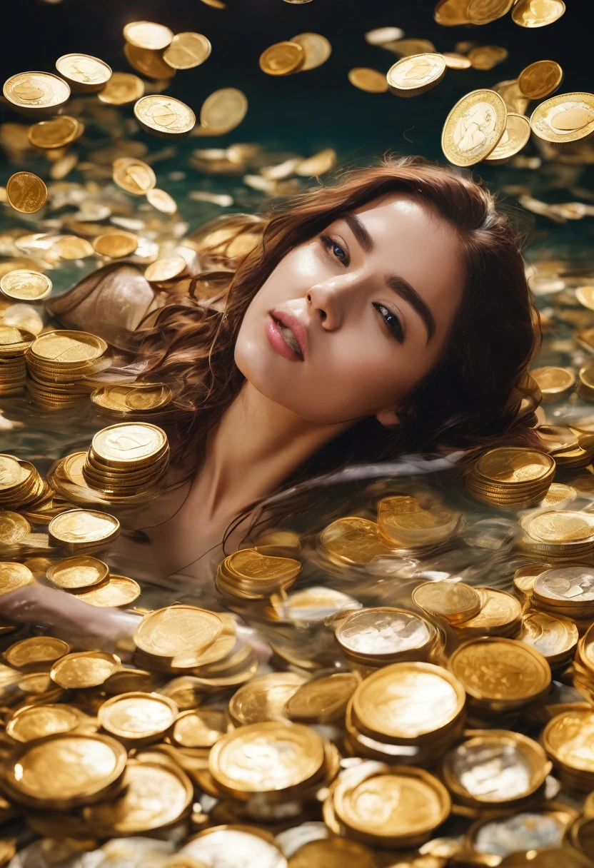 Beautiful, sexy girl swimming in a pile of banknotes,a lot of golden coins