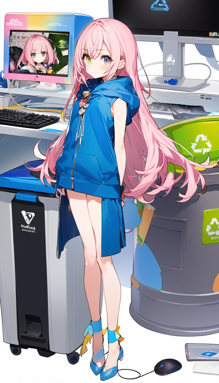 mika pikazo, 1 girl, blue colored eyes, blue hooded cloakie, computer, aretes, hooded cloak, hooded cloakie, jewerly, keyboard (computer), logo, logo parody, mouse (computer), multi colored eyes, pink  hair, recycle bin, standing alone, White background, yellow  eyes, , 