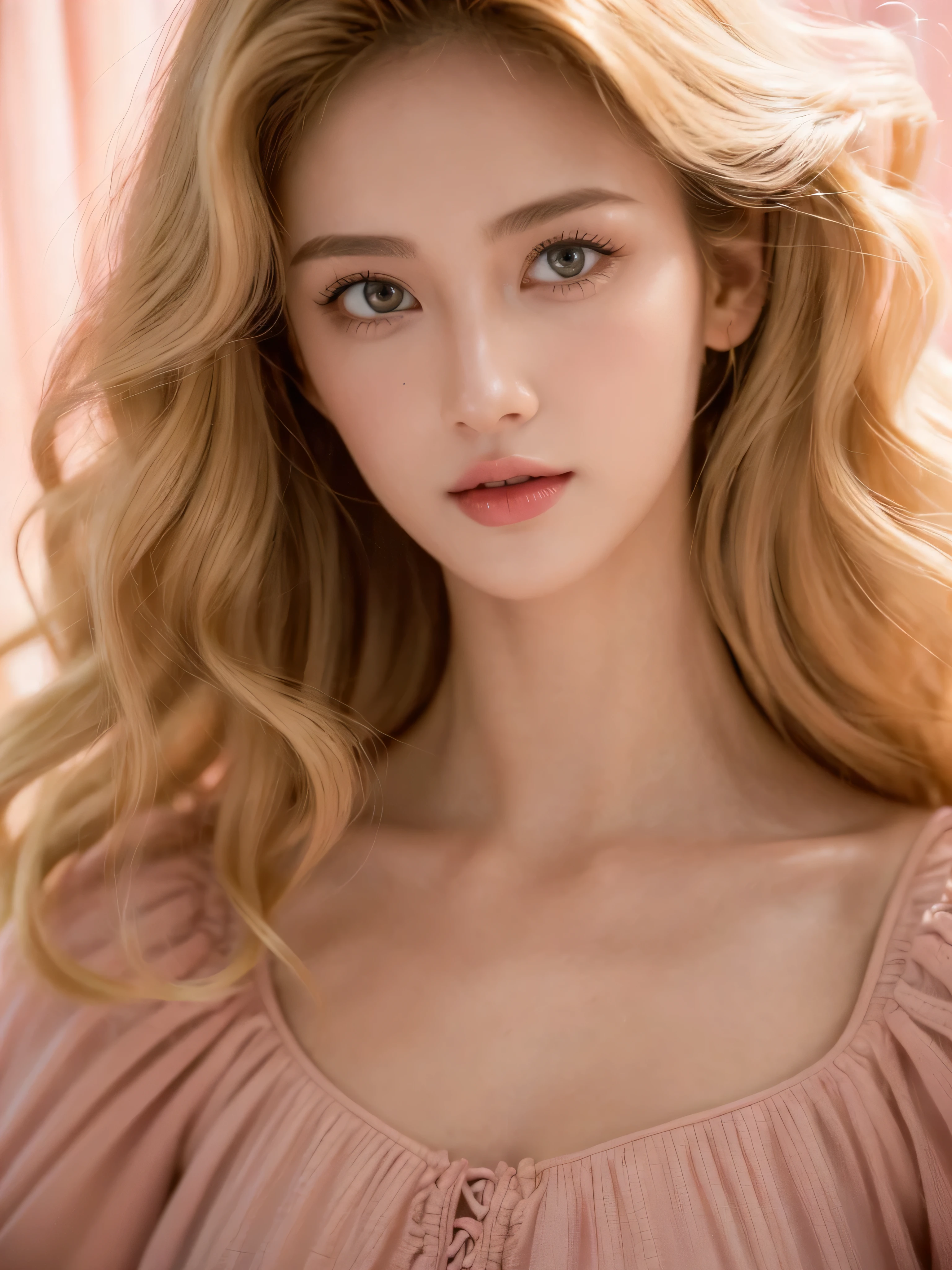 (close up of a beautiful 26 year old girl in a pink vintage dress), movie stock photos, camera f1. 6, saturated colors, Vibrant, lifelike textures, Impressive classic lighting, Modern style, sexy full body photo, Evening, Curly hair has just been dyed light blonde