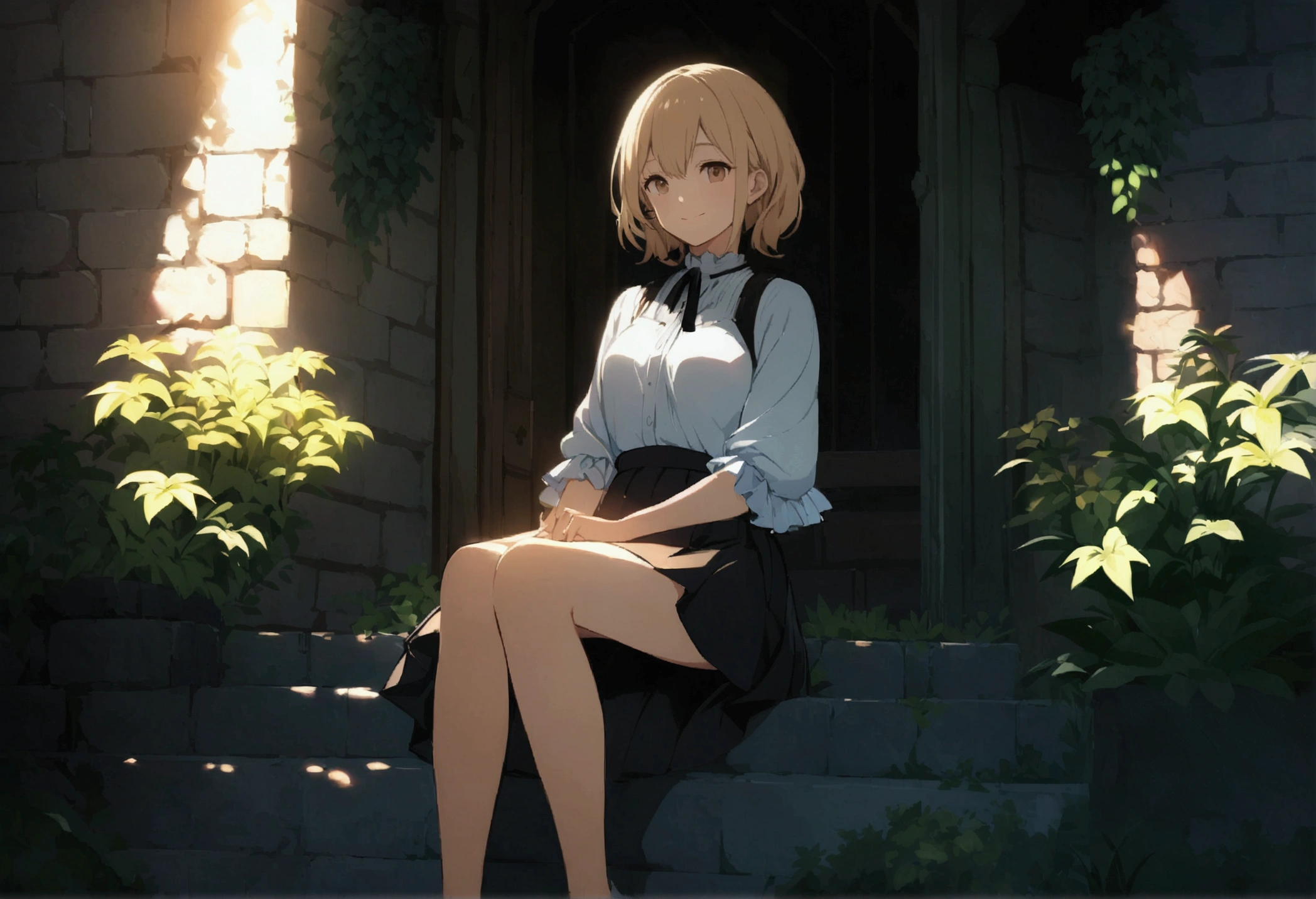 Highly detailed CG Unity 8k wallpaper), Outdoor Garden，Beautiful young woman in sunny weather, Smiling,skirt, sit, full_body, dramatic, バックLight, Light, Volumetric Lighting, Delicate face, Simple Background