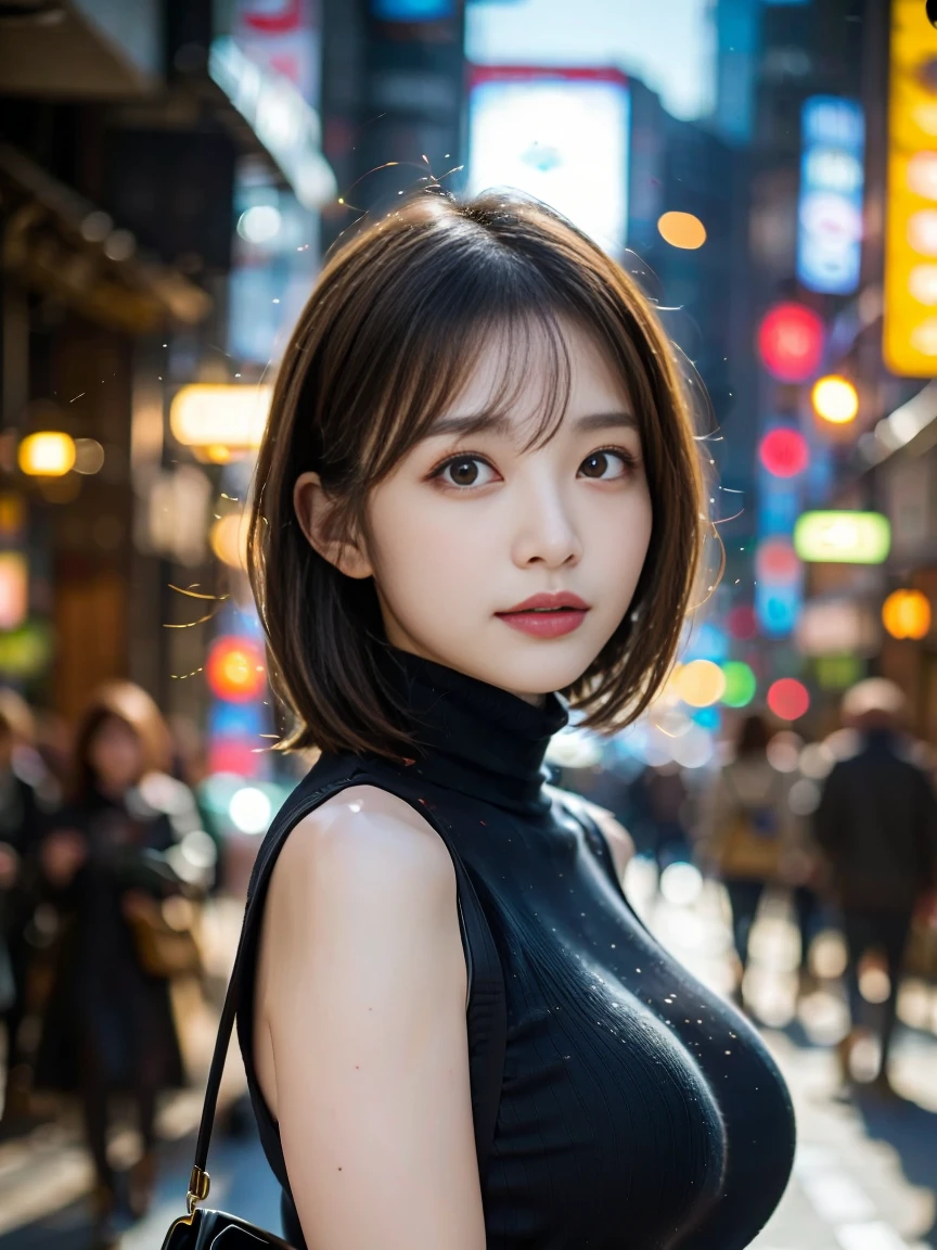 (huge 、Turtleneck knit、Shoulder bag)、(Highest quality,masterpiece:1.3,超A high resolution,),(Ultra-detailed,Caustics),(Photorealistic:1.4,RAW shooting,)Ultra-Realistic Capture,Very detailed,High resolution 16K for human skin、 The skin texture is natural、、The skin looks healthy、The color is also uniform.、 Use natural light and colour,One Woman,Japanese,,cute,Black-haired,Mid-length hair,(Depth of written boundary、chromatic aberration、、Wide range of lighting、Natural Shading、)、(Hair swaying in the wind:1.2)、Tokyo cityscape