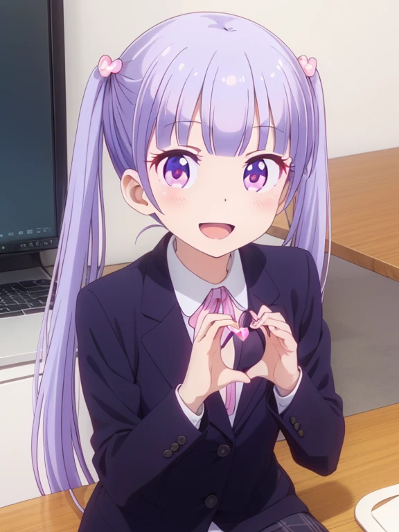 (table top, highest quality, High resolution, nffsw, perfect pixel, Depth of the bounds written, 4k), beautiful anime girl, perfect body, , (smile, open your mouth:1.6) aoba suzukaze, ribbon, suit, jacket,,, (heart hand:1.6),
