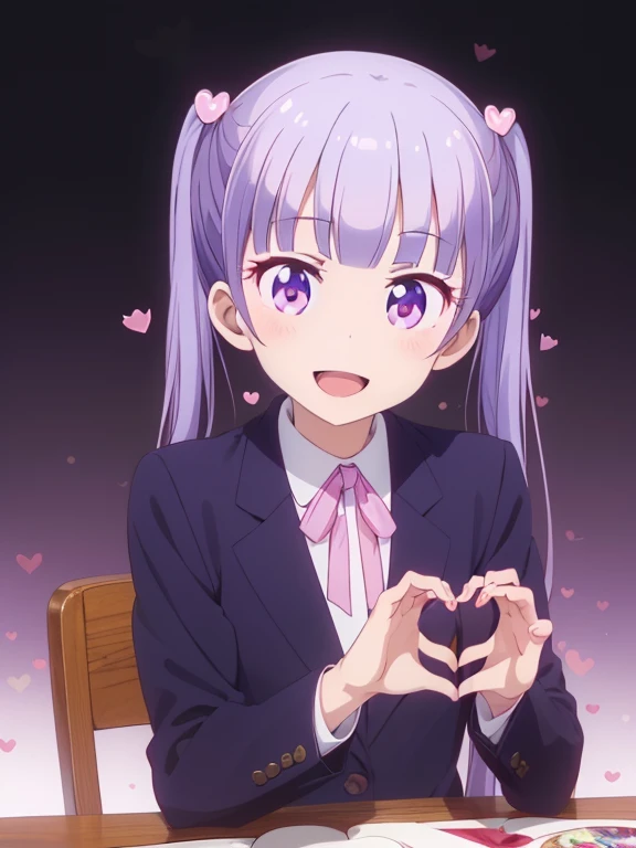 (table top, highest quality, High resolution, nffsw, perfect pixel, Depth of the bounds written, 4k), beautiful anime girl, perfect body, , (smile, open your mouth:1.6) aoba suzukaze, ribbon, suit, jacket,,, (heart hand:1.6),
