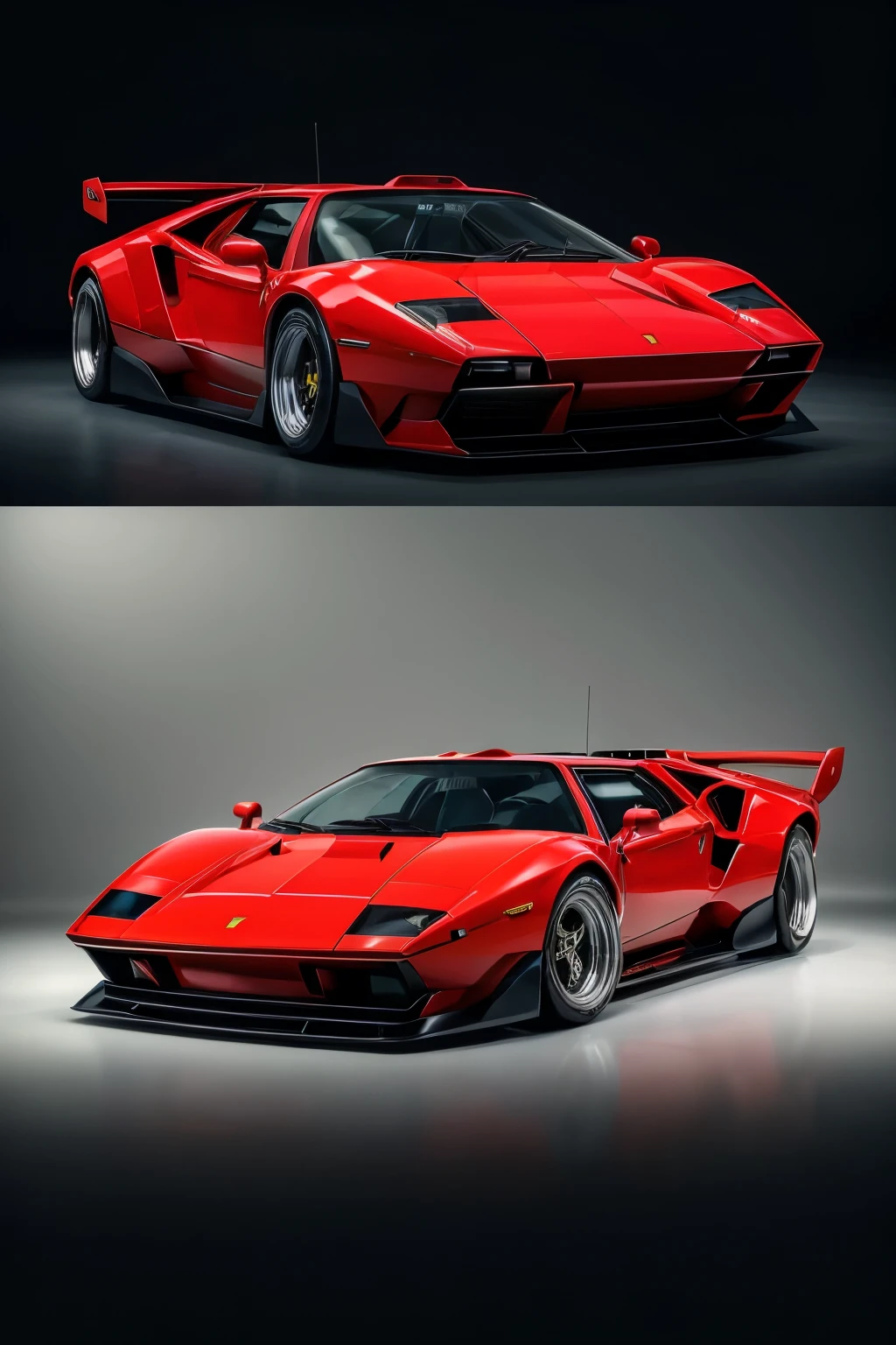 A stunning fusion of the iconic Lamborghini Countach and the timeless Ferrari F-40, this masterpiece of automotive design boasts an imposing silhouette. The Countach's distinctive wedge shape and scissor doors are seamlessly integrated with the F-40's iconic aerodynamic features and sharp, angular lines. The vehicle's exterior is painted in a vibrant, eye-catching hue, with a glossy finish that showcases the meticulous craftsmanship and attention to detail.
The front end features a blend of both models' iconic grilles, with the Countach's rectangular design meeting the F-4