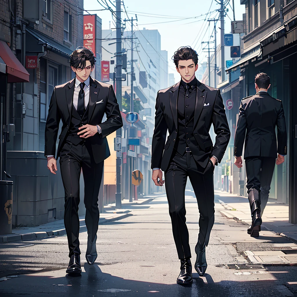 1male, street background, cold stare, hazel eyes, masterpiece, best quality, highly detailed,((suit, black jacket, black pants, black suit, blue shirt, tight shirt, fancy suit, business suit, very open shirt)), ((Leatherboots, militaristic boots, black boots)), short wavy hair, dark hair, ((upper body:1.5)), ((full body:1.5)), ((front view:1.5))