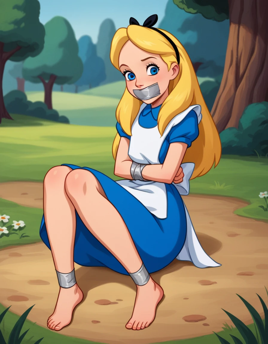 score_8_up, BREAK, Alice, 1girl, solo, blonde hair, long hair, blue eyes, headband, ribbon bow, blue dress, short sleeves, white apron, white tight, barefoot, looking at viewer, outdoors, full body, tied ankles together, tied arms, tape gagged 