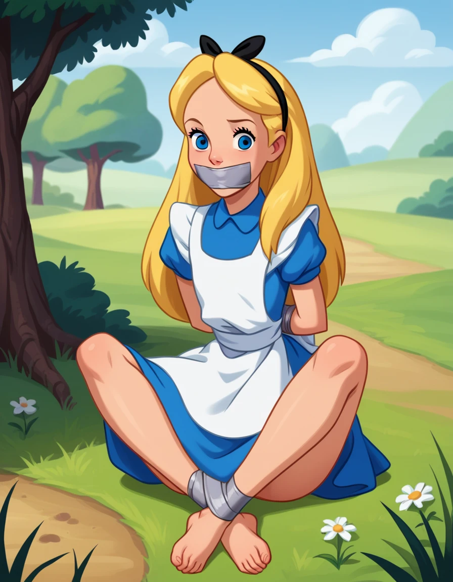 score_8_up, BREAK, Alice, 1girl, solo, blonde hair, long hair, blue eyes, headband, ribbon bow, blue dress, short sleeves, white apron, white tight, barefoot, looking at viewer, outdoors, full body, tied ankles together, tied arms, tape gagged 