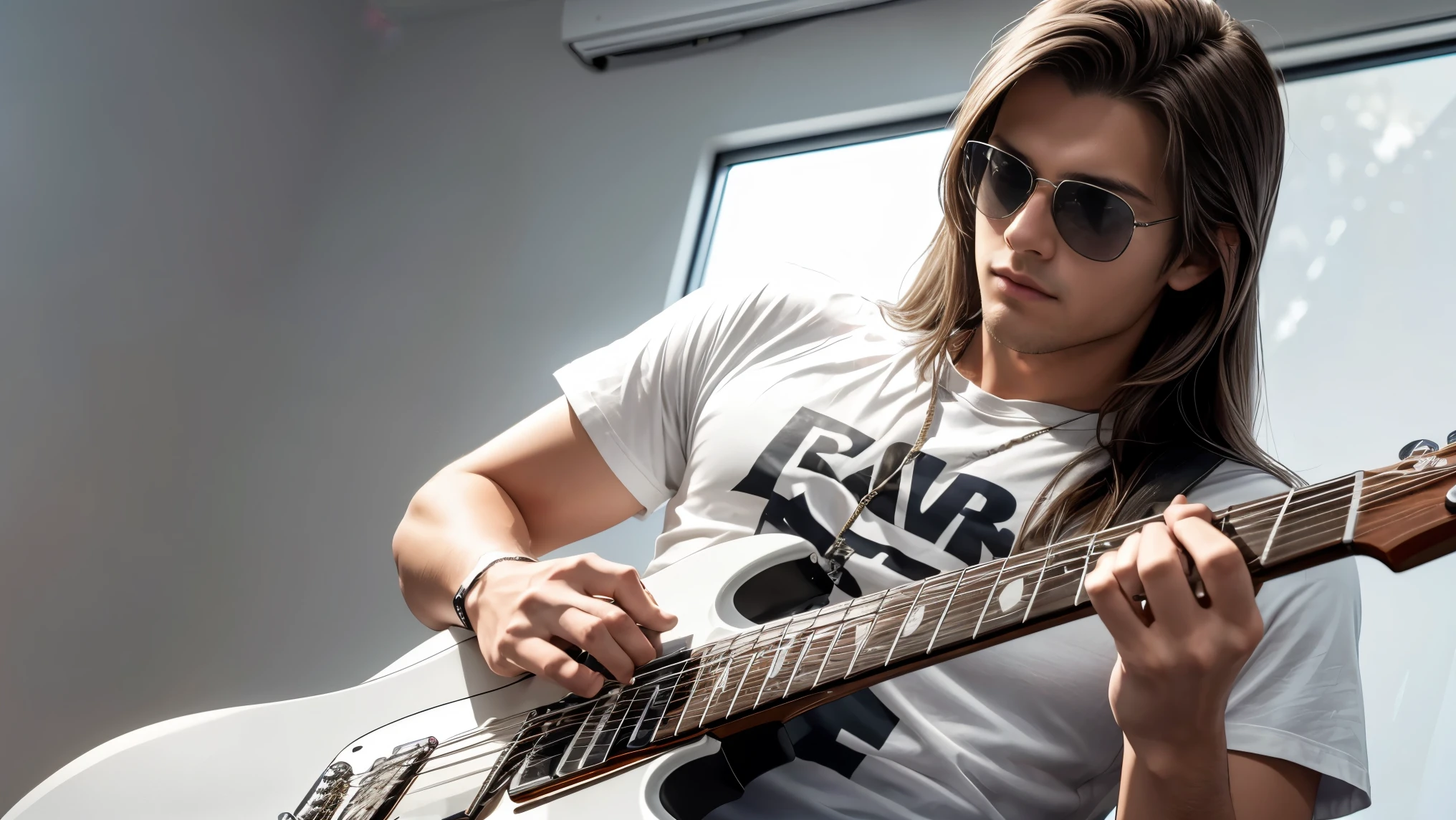 A high-resolution image of a young man with slightly long hair playing an electric guitar. He is wearing Ray-Ban sunglasses, a white T-shirt, and jeans. He is standing against a gray background