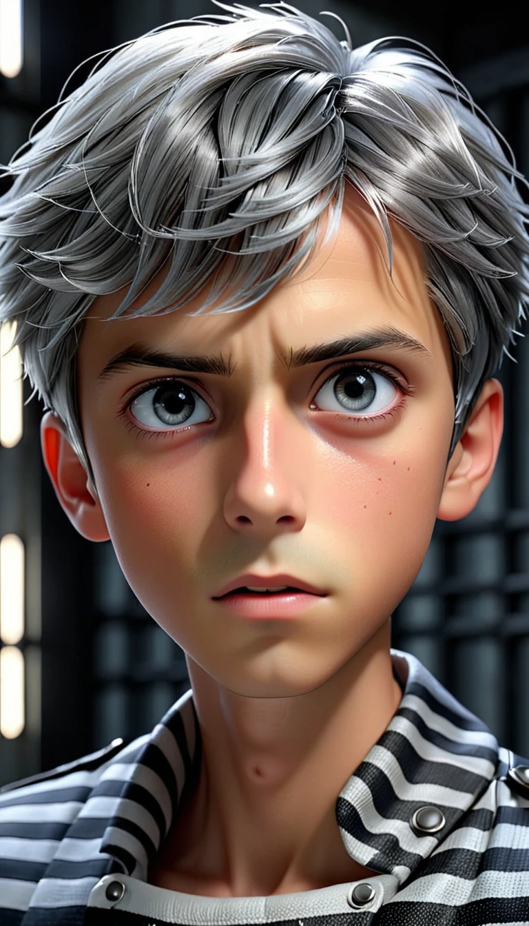 (8k, RAW photos, best quality, masterpiece: 1.4), (((Boy examining himself))),Ultra-high resolution, Extremely detailed, Dim Lights, Upper body close-up, handsome boy, black eyes, (delicate eyes, Eyes are bright:1.2), Gray short hair, Fair skin,dark, Black and white striped prison uniform,Black and white striped prison pants,(perfect anatomy:1.2), High-quality shadows, Natural Lighting, (White highlights:1.2), night, cloudy day, (Dimly lit cells:1.2), (Metal walls all around:1.2)