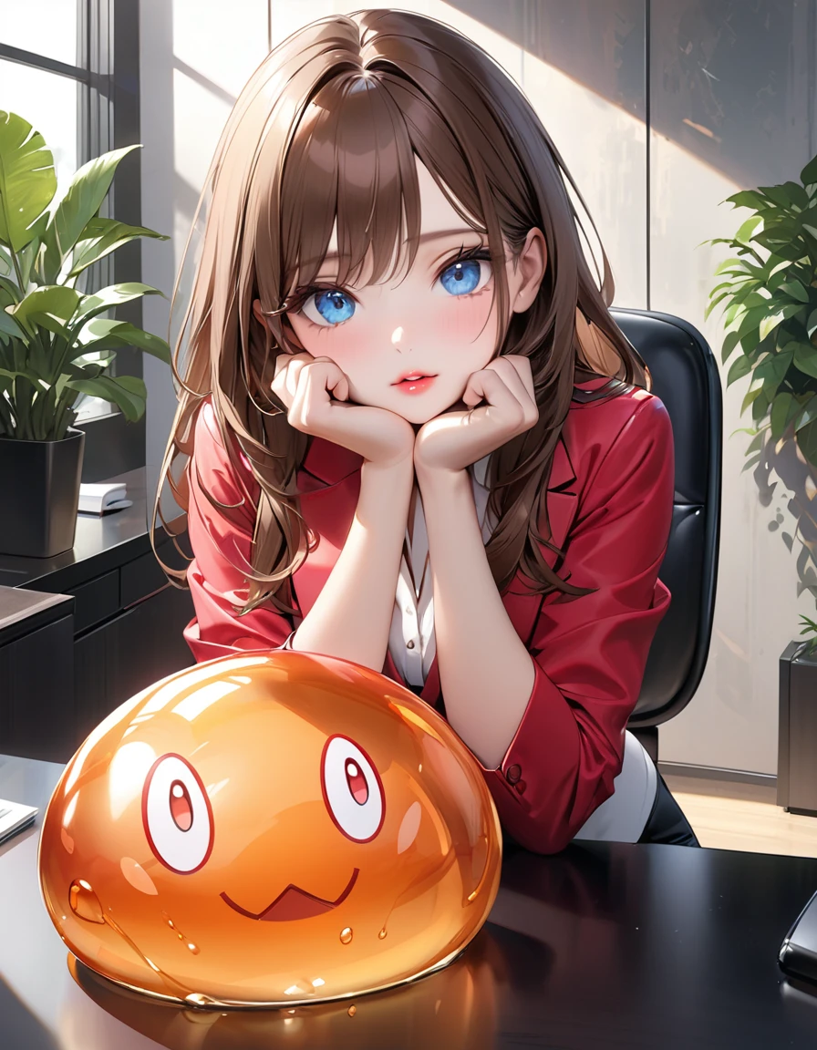 Highest quality, masterpiece, Ultra-high resolution, Realistic:1.2, RAW Photos, Intricate details, Portraiture,　Big beautiful blue eyes:1.2, Perfect contours, Girl, break　((full body:1.2, facing viewer,  upturned eyes:1.2)), ((petite, short, tiny girl:1.2)), Brown Hair、Long Hair, (makeup:1.2, parted mouth, full lips:1.3, pink lips:1.2, shiny lips:1.2), ((Top notch receptionist:1.2)), (Light yellow jacket、Luxurious white silk shirt:1.2,  Luxury high heels), BREAK ((He is sitting in a stylish metal chair, resting his chin on the reception desk.))、((I kill time by kneading slime with my hands.:1.5)), ((The background is the reception desk of a top company., Stylish desk、Modern walls、Foliage plant))、