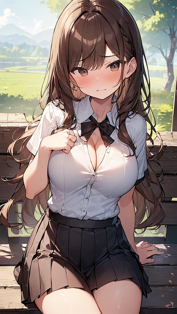 (Masterpiece, Top quality: 1.5) (1 girl, solo :1.2),  (large breasts:1.4), (cleavage:1.1), (short sleeve  dress shirt, Pleated skirt:1.4), standard weight, ( brown hair:1.4), (airy hair, wavy hair:1.3), long hair ,asymmetry bangs, swept bangs, junior high school student, angry:1.2, (flustered:1.4), beautiful scene of outdoor , dynamic pose, magnificent panorama view, sitting on the chair