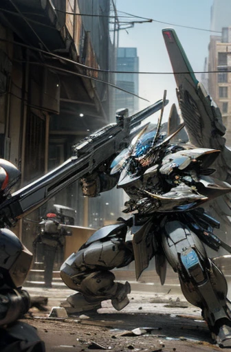 MECA,robot,droid,holding_assault rifle,giant,city,masterpiece,best quality,super detailed,super fine illustration,battle scene,ARMORED CORE,blue,wings