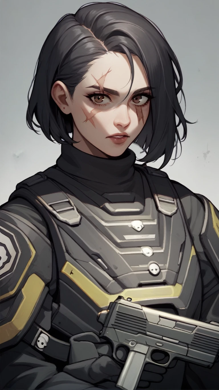 female medic helldiver brown eyes, black hair, with scar over mouth holding a pistol and a med kit