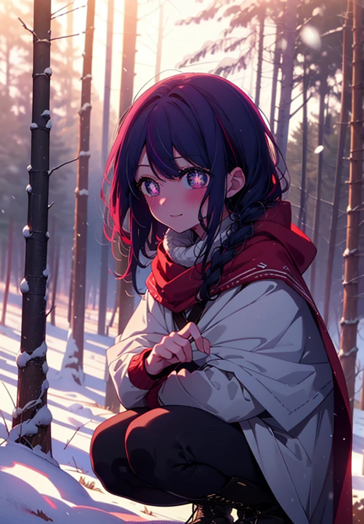 aihoshino, Ai Hoshino, Long Hair, bangs, (Purple eyes:1.1), Purple Hair, (Symbol-shaped pupil:1.5), smile,,smile,blush,white breath,
Open your mouth,snow,Ground bonfire, Outdoor, boots, snowing, From the side, wood, suitcase, Cape, Blurred, , forest, White handbag, nature, Squat, Mouth closed, Cape, winter, Written boundary depth, Black shoes, red Cape break looking at viewer, Upper Body, whole body, break Outdoor, forest, nature, break (masterpiece:1.2), Highest quality, High resolution, unity 8k wallpaper, (shape:0.8), (Beautiful and beautiful eyes:1.6), Highly detailed face, Perfect lighting, Extremely detailed CG, (Perfect hands, Perfect Anatomy),