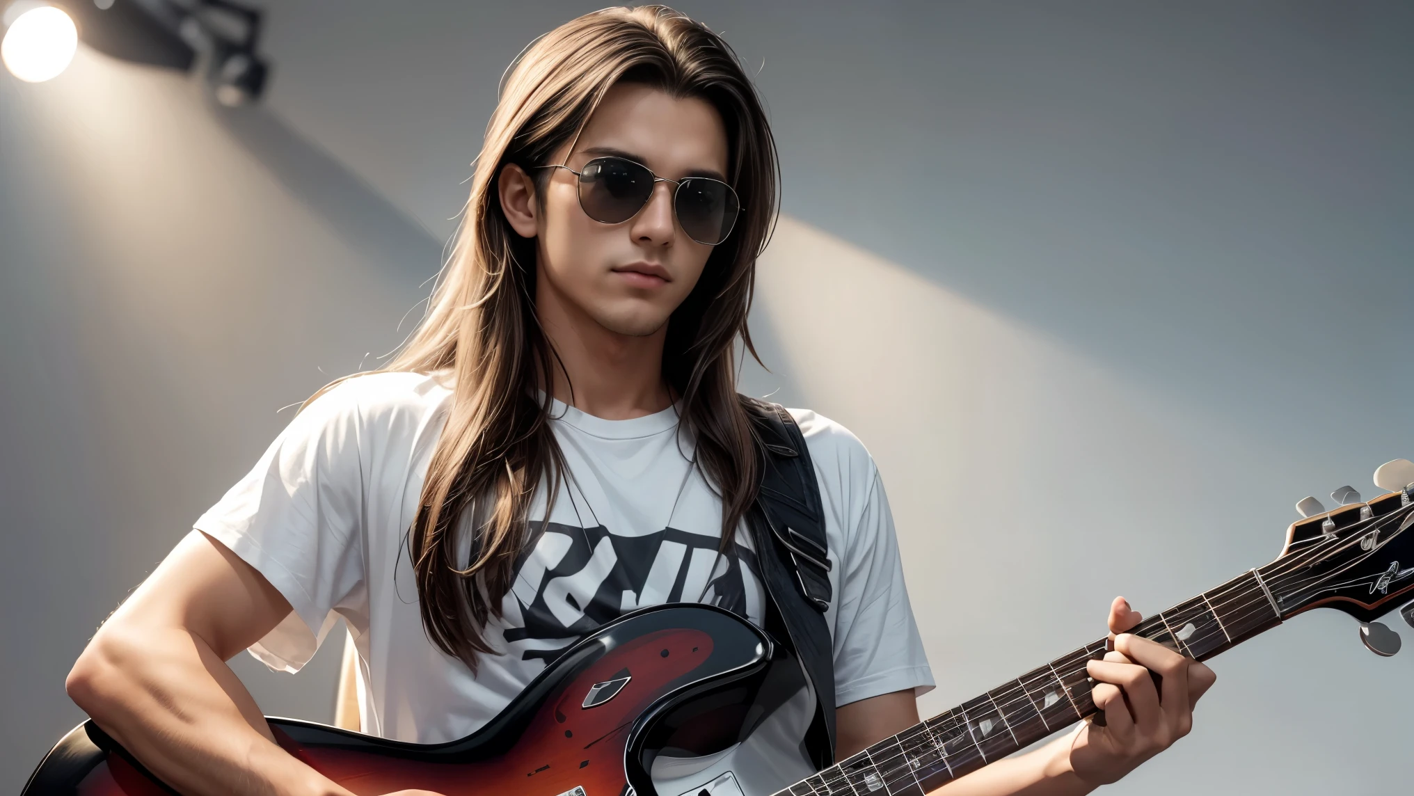 A high-resolution image of a young man with slightly long hair playing an electric guitar. He is wearing Ray-Ban sunglasses, a white T-shirt, and jeans. He is standing against a gray background