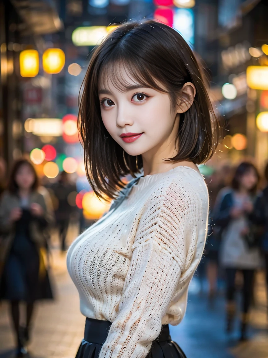 Tabletop, Highest quality, figure, Super detailed, In detail, High resolution, 8k wallpaper, Perfect dynamic composition, Beautiful fine details, oversized knit sweater(black)And a long skirt,Medium Hair,Small Breasts Natural Color Lip, Bold sexy pose、20-year-old girl、cute、sexy shot looking at camera,Face close-up,KPOP idol faces,cute
