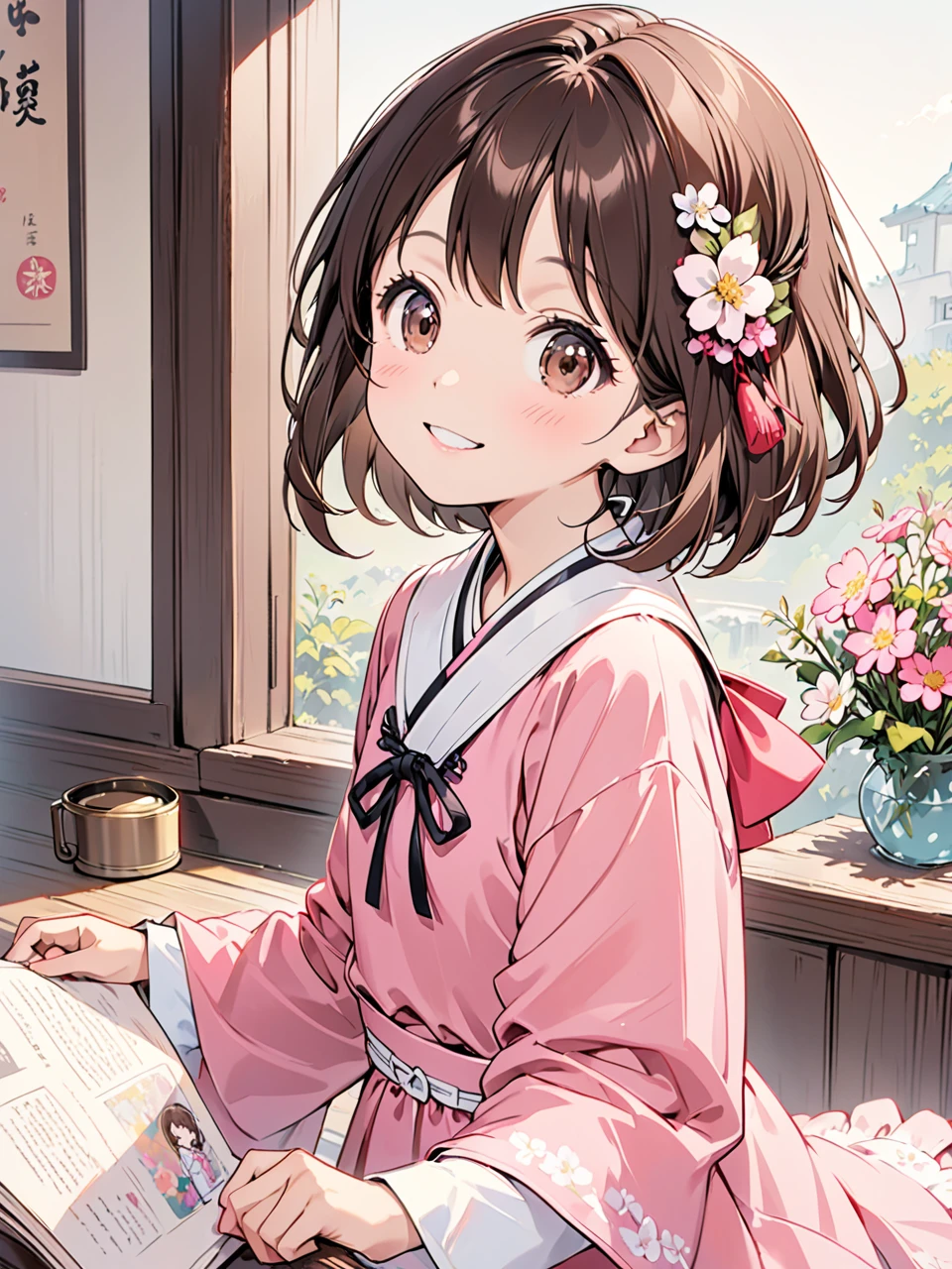 high quality、One girl、10 years old、Brown Hair、Bob、Inner Color、cute、Pink clothes、Small flower hair ornament、smile