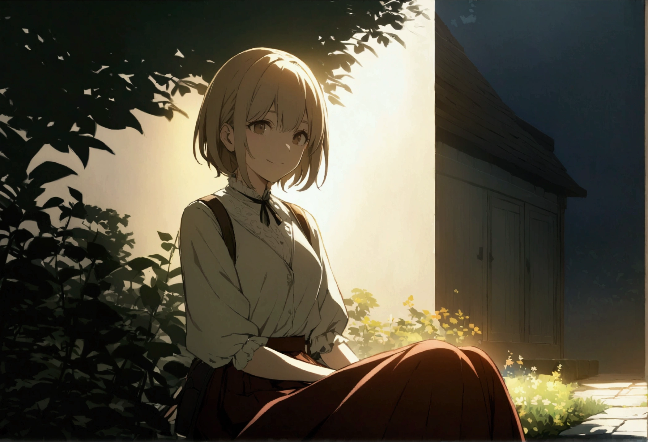 Highly detailed CG Unity 8k wallpaper), Outdoor Garden，Beautiful young woman in sunny weather, Smiling,skirt, sit, full_body, dramatic, バックLight, Light, Volumetric Lighting, Delicate face, Simple Background