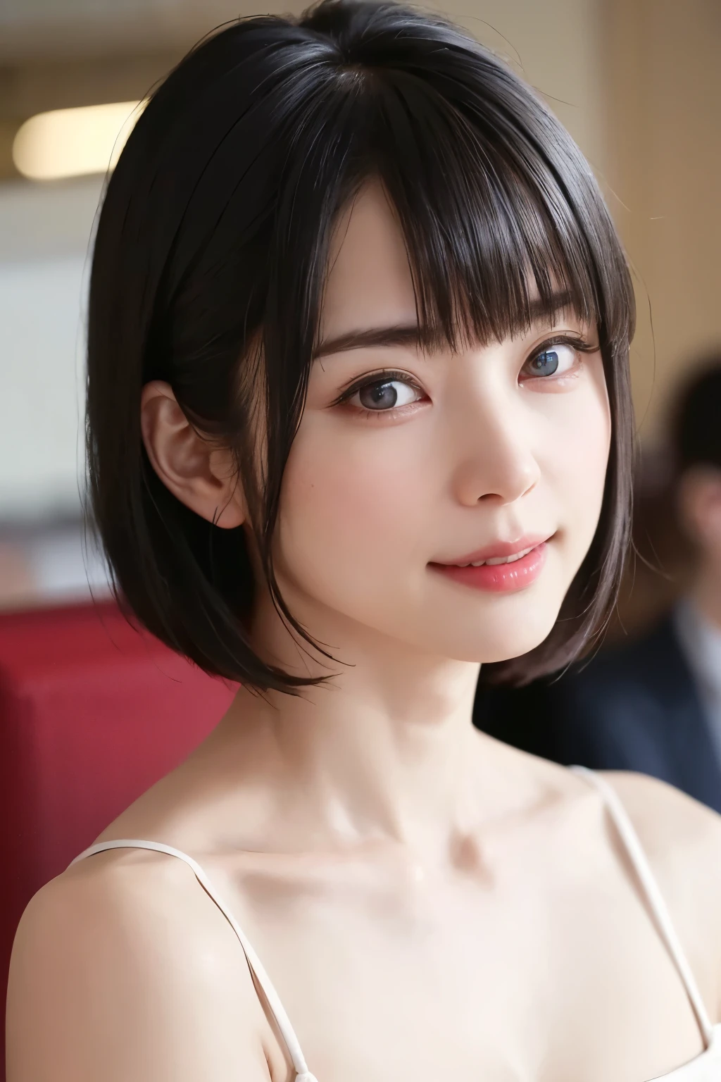 (Tabletop, Highest quality、Very attractive adult beauty、Add strong highlights to the eyes、Please look closely at the camera:1.4、A beautiful woman with adult charm、Ideal body proportions、Perfect Anatomy、Short brunette bob hair、Shiny Hair、Lip gloss),One Girl, solo, 明るい茶色のShiny Hair, Scarf,Realistic, Looking at the audience、Please tilt your head a little, Bright colored crystal light blue eyes, 短いShiny Hair、 chestの中央に穴が開いた白いタートルネックの服,chestの真ん中に丸い穴が開いたセクシーな白いタートルネックのニットセーター、 Lips, Lip gloss，Bans, Upper body、Big eyes、Eyelashes、Face is a little red、Embarrassing)、((Italian road system in winter))、((Short hair with bangs、Big eyes、Give students a very strong highlight、{huge|big|hugeな|Mega} chest:1.4、very bigger chest、Staring at the audience、Very beautiful beauty、Listen carefully、Long neck、Smile a little、Beautiful Teeth、Open your mouth and laugh、Heart-shaped pupils))、28 years old、Very cute supermodel、{gigantic|big|huge|mega} breasts, cleavage