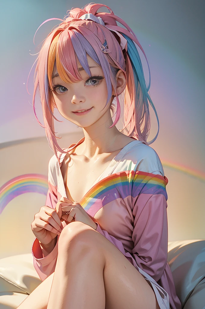 Highest quality、Masterpiece、All Nude、Simple Background、enjoy、(smile:0.7)、No underwear、No bra、NUDE、Standing、Japanese Girl、18-year-old、Very cute face、Bitch、(smile:1.1)、Pink Hair、(Light blue hair:1.4)、 (Colorful Hair:1.8)、(All the colors of the rainbow:1.8)、Big eyes、transparent、(Rainbow gradient high ponytail:1.7)、Delicate makeup、Mouth closed、Shaved、Leg spread、