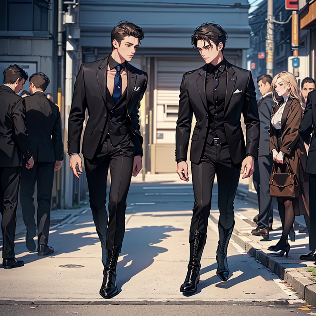 1male, street background, cold stare, hazel eyes, masterpiece, best quality, highly detailed,((suit, black jacket, black pants, black suit, blue shirt, tight shirt, fancy suit, business suit, very open shirt)), ((Leatherboots, militaristic boots, black boots)), short wavy hair, dark hair, ((upper body:1.5)), ((full body:1.5)), ((front view:1.5))