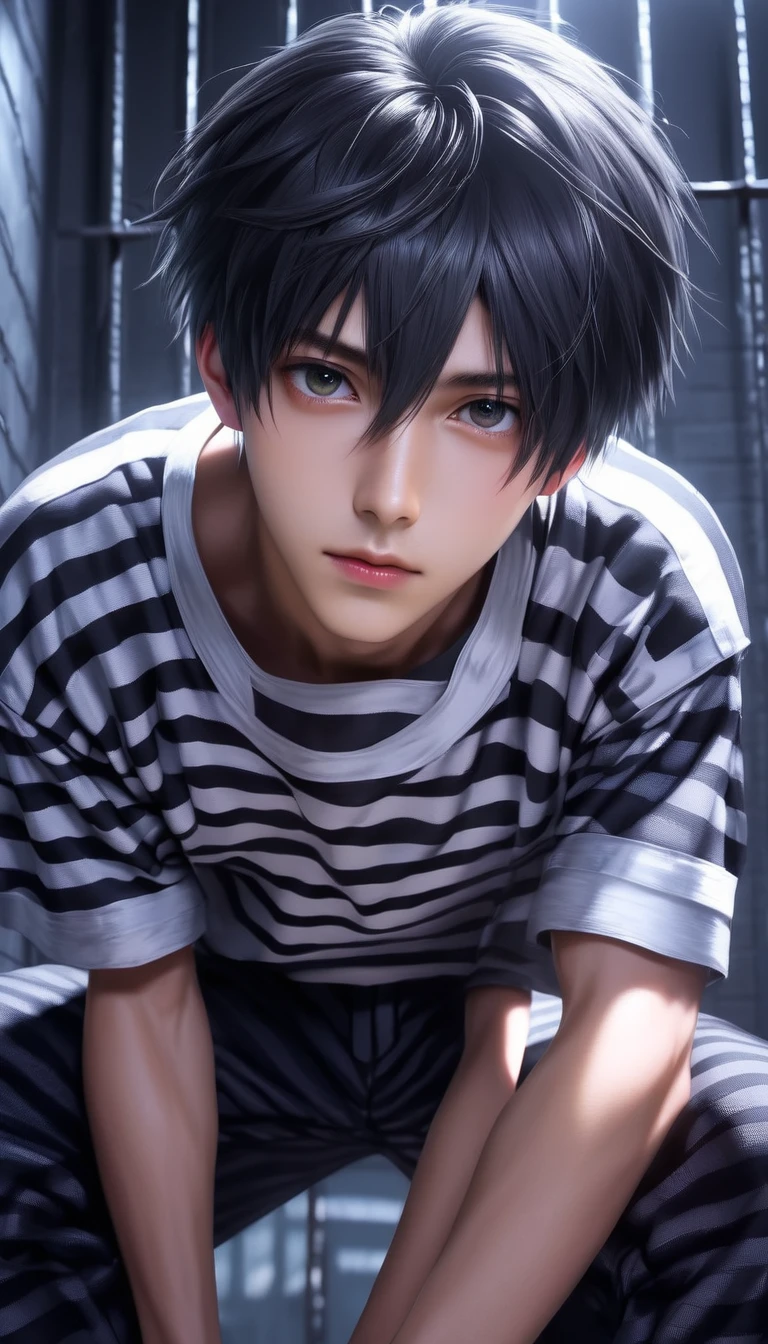 (8k, RAW photos, best quality, masterpiece: 1.4), (((Boy examining himself)))，Ultra-high resolution, Extremely detailed, Dim Lights, Upper body close-up, handsome boy, black eyes, (delicate eyes, Eyes are bright:1.2), Gray short hair, Fair skin,dark, Black and white striped prison uniform,Black and white striped prison pants,(perfect anatomy:1.2), High-quality shadows, Natural Lighting, (White highlights:1.2), night, cloudy day, (Dimly lit cells:1.2), (Metal walls all around:1.2)