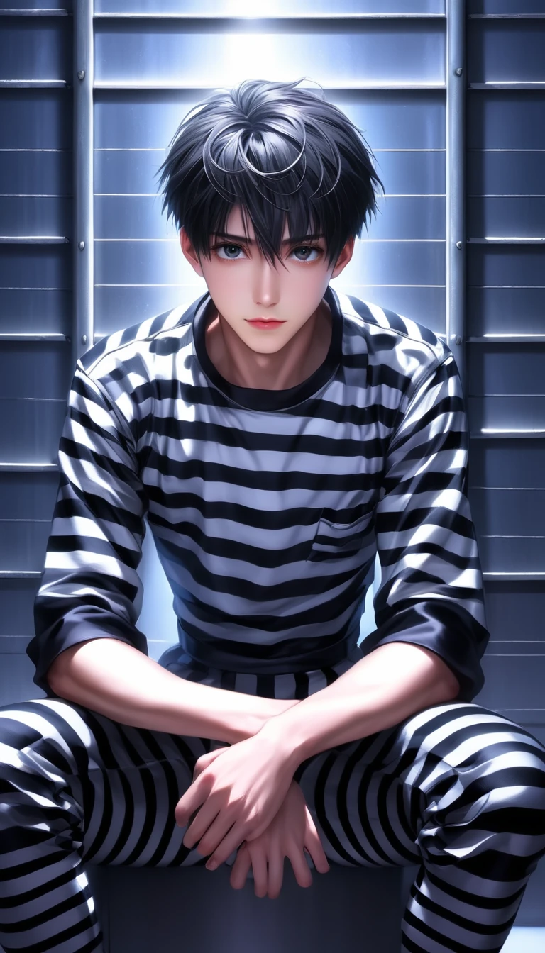 (8k, RAW photos, best quality, masterpiece: 1.4), (((Boy examining himself)))，Ultra-high resolution, Extremely detailed, Dim Lights, Upper body close-up, handsome boy, black eyes, (delicate eyes, Eyes are bright:1.2), Gray short hair, Fair skin,dark, Black and white striped prison uniform,Black and white striped prison pants,(perfect anatomy:1.2), High-quality shadows, Natural Lighting, (White highlights:1.2), night, cloudy day, (Dimly lit cells:1.2), (Metal walls all around:1.2)