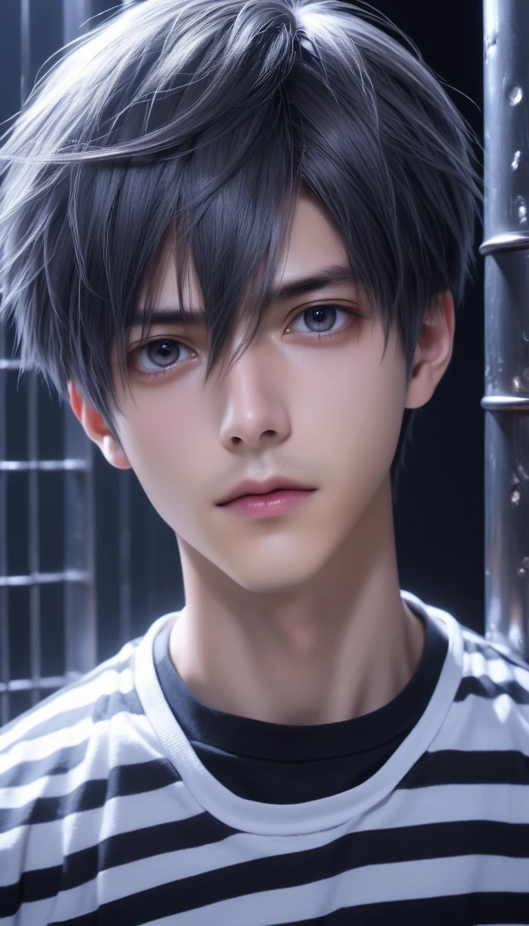 (8k, RAW photos, best quality, masterpiece: 1.4), (((Boy examining himself)))，Ultra-high resolution, Extremely detailed, Dim Lights, Upper body close-up, handsome boy, black eyes, (delicate eyes, Eyes are bright:1.2), Gray short hair, Fair skin,dark, Black and white striped prison uniform,Black and white striped prison pants,(perfect anatomy:1.2), High-quality shadows, Natural Lighting, (White highlights:1.2), night, cloudy day, (Dimly lit cells:1.2), (Metal walls all around:1.2)