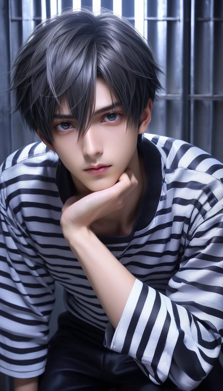(8k, RAW photos, best quality, masterpiece: 1.4), (((Boy examining himself))),Ultra-high resolution, Extremely detailed, Dim Lights, Upper body close-up, handsome boy, black eyes, (delicate eyes, Eyes are bright:1.2), Gray short hair, Fair skin,dark, Black and white striped prison uniform,Black and white striped prison pants,(perfect anatomy:1.2), High-quality shadows, Natural Lighting, (White highlights:1.2), night, cloudy day, (Dimly lit cells:1.2), (Metal walls all around:1.2)