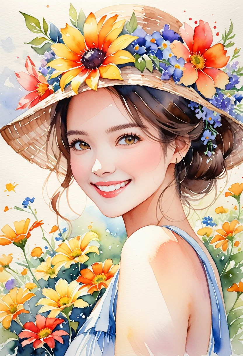 This is a very detailed watercolor painting, depicting flowers reminiscent of summer and a beautiful smiling woman.