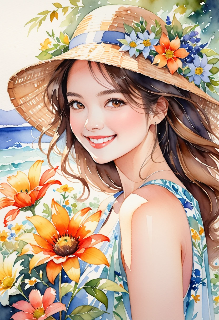 This is a very detailed watercolor painting, depicting flowers reminiscent of summer and a beautiful smiling woman.