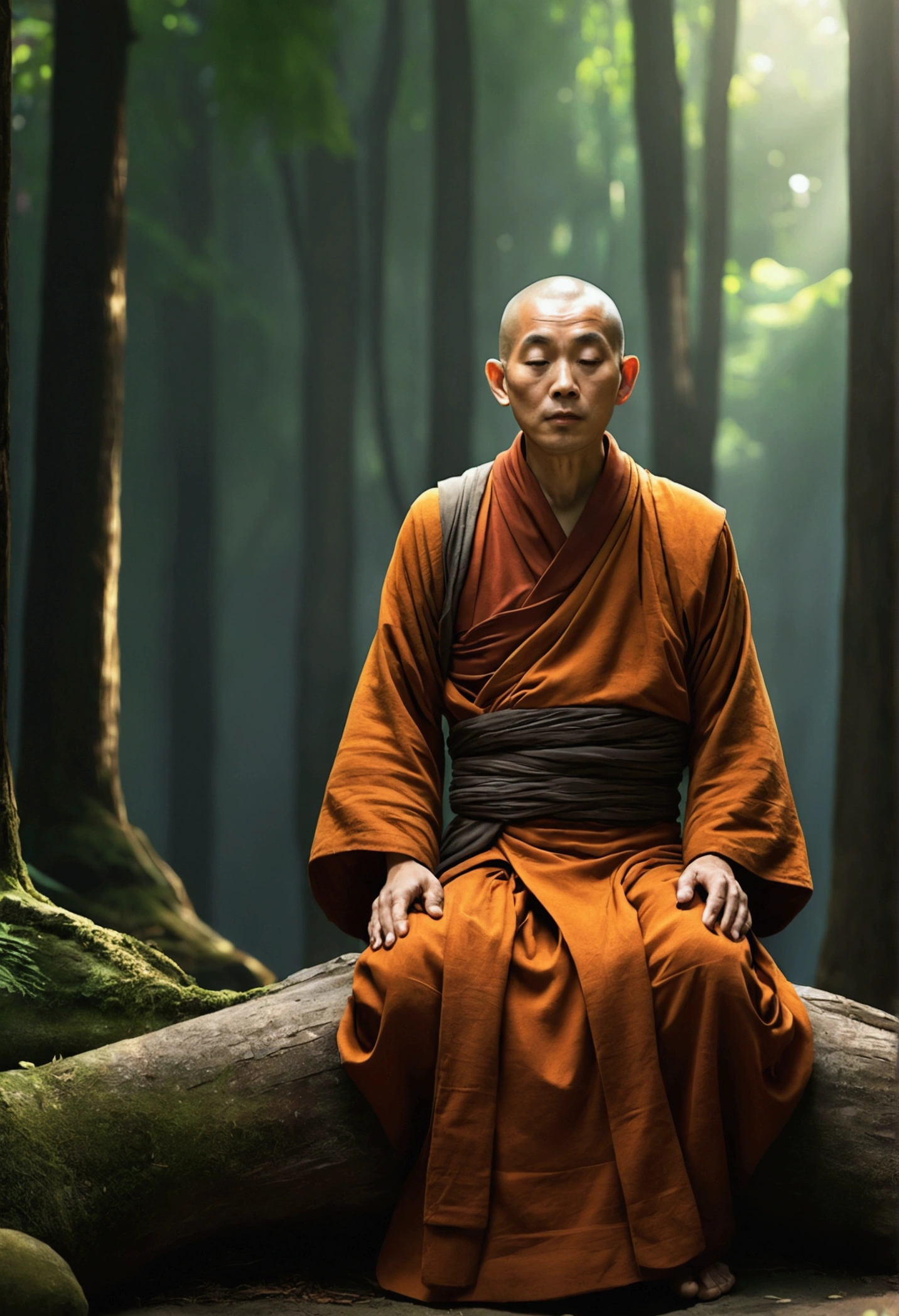 Imagine an old Zen monk, High-ranking monks, 16:9Horizontal, In the forest,.3d, Surrealism, Cinematic lighting, Hyper HD, Super Detail, Textured skin, Hyper HD, Accurate, Textured skin, Attention to detail